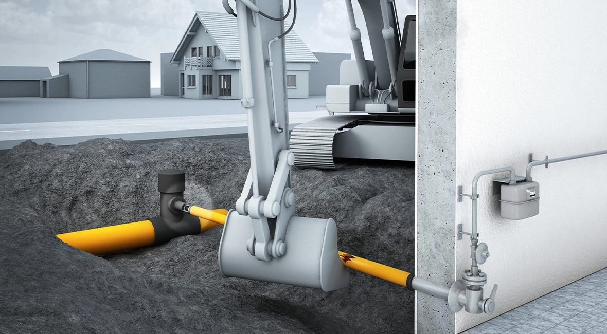 Animation: Bagger beschädigt gelbes Rohr neben Wasserleitung an Wand (Foto)