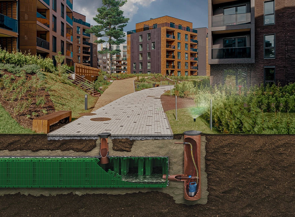 Animierter Querschnitt eines Gebäudeparks mit smartem Wasser- und Energiemanagementsystem (Foto)